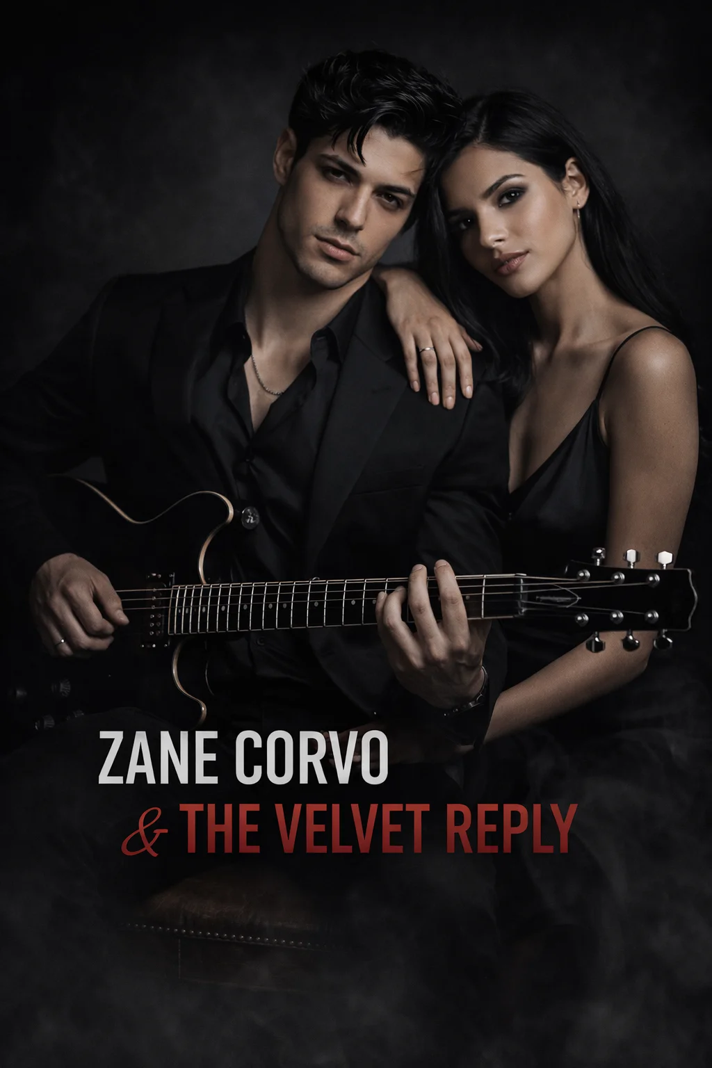 Zane Corvo holding electric guitar, band name overlay
