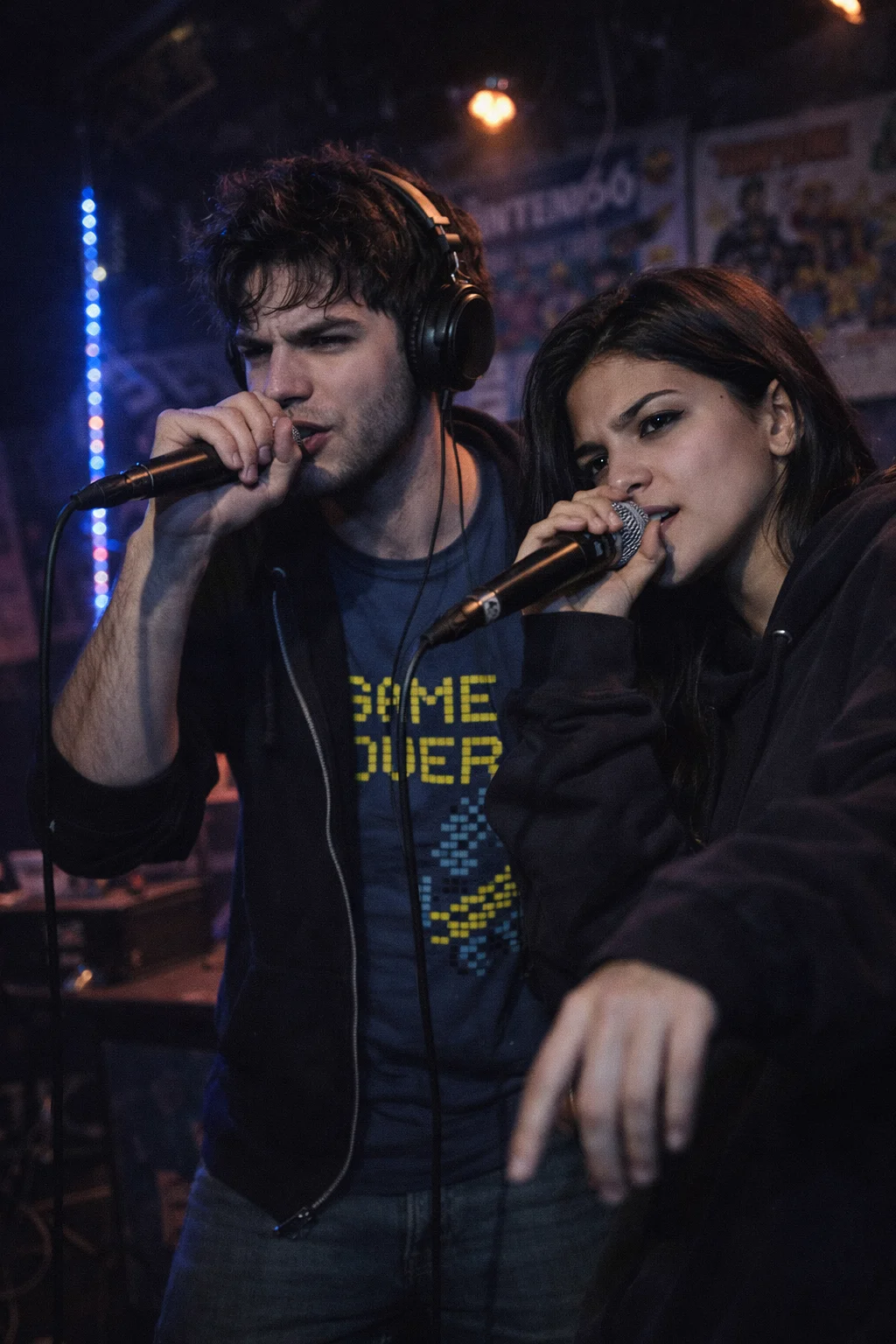 Zane Corvo & The Velvet Reply performing live at microphones
