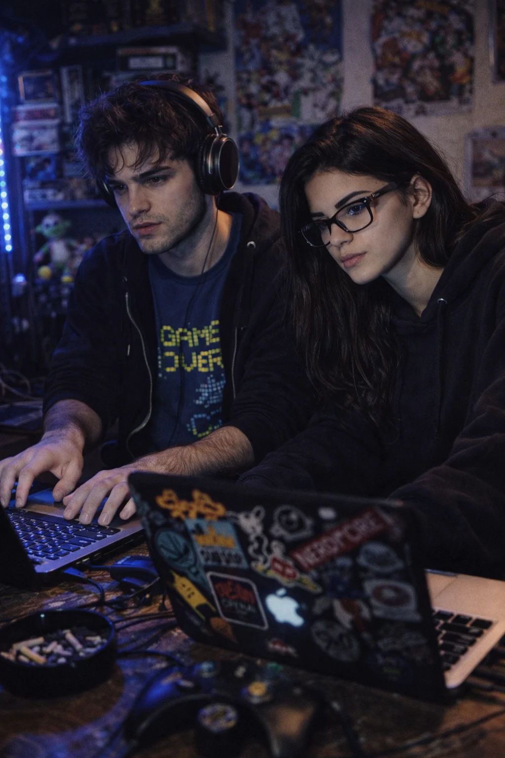 Zane Corvo & The Velvet Reply focused on sticker-covered laptops in gamer room