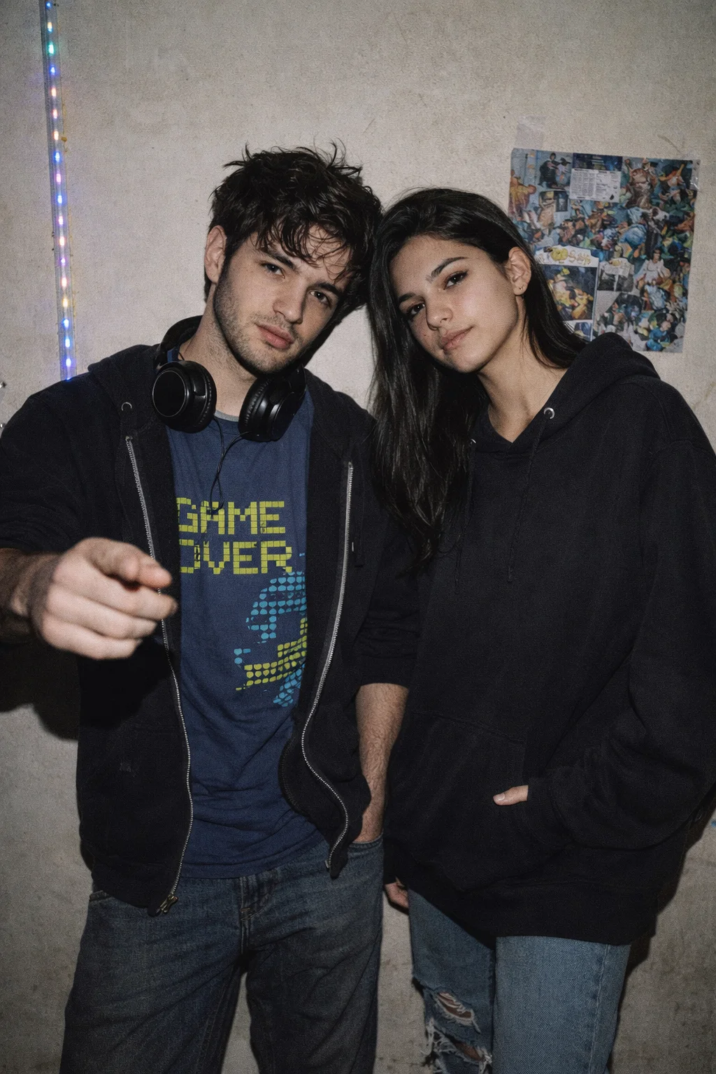 Zane Corvo & The Velvet Reply in hoodies under LED wall, game over tee