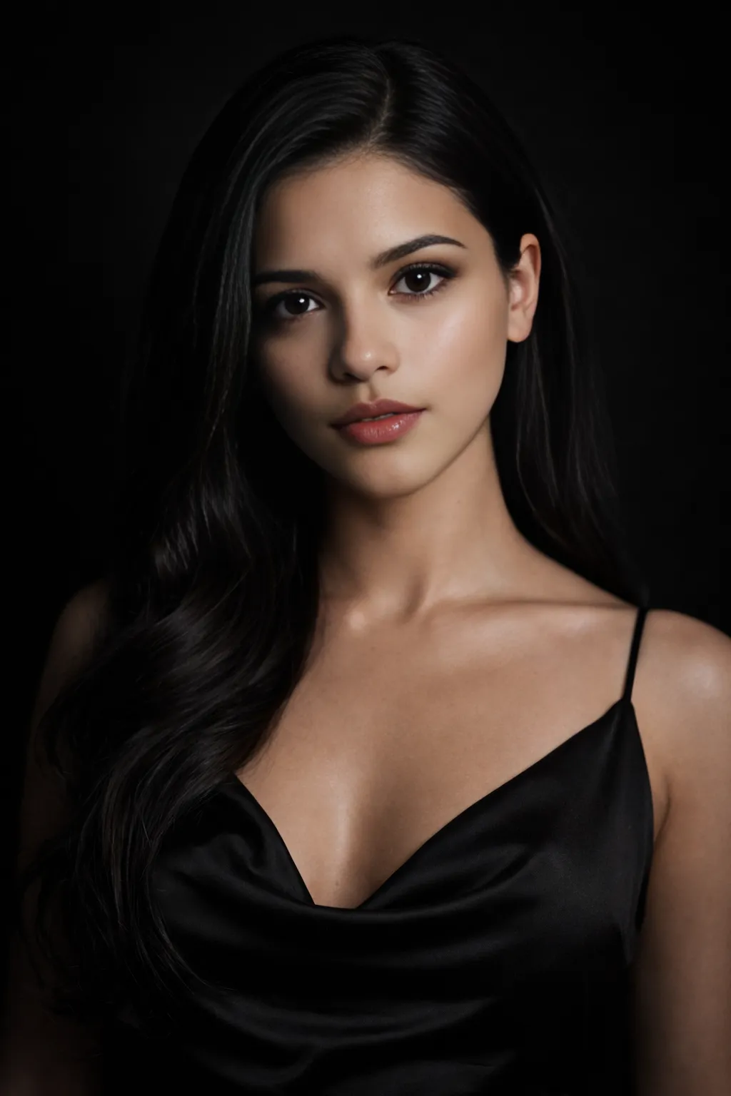 The Velvet Reply in black satin dress, moody editorial lighting