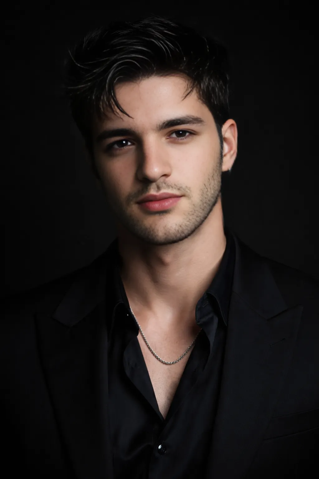Zane Corvo in black suit, dramatic studio lighting